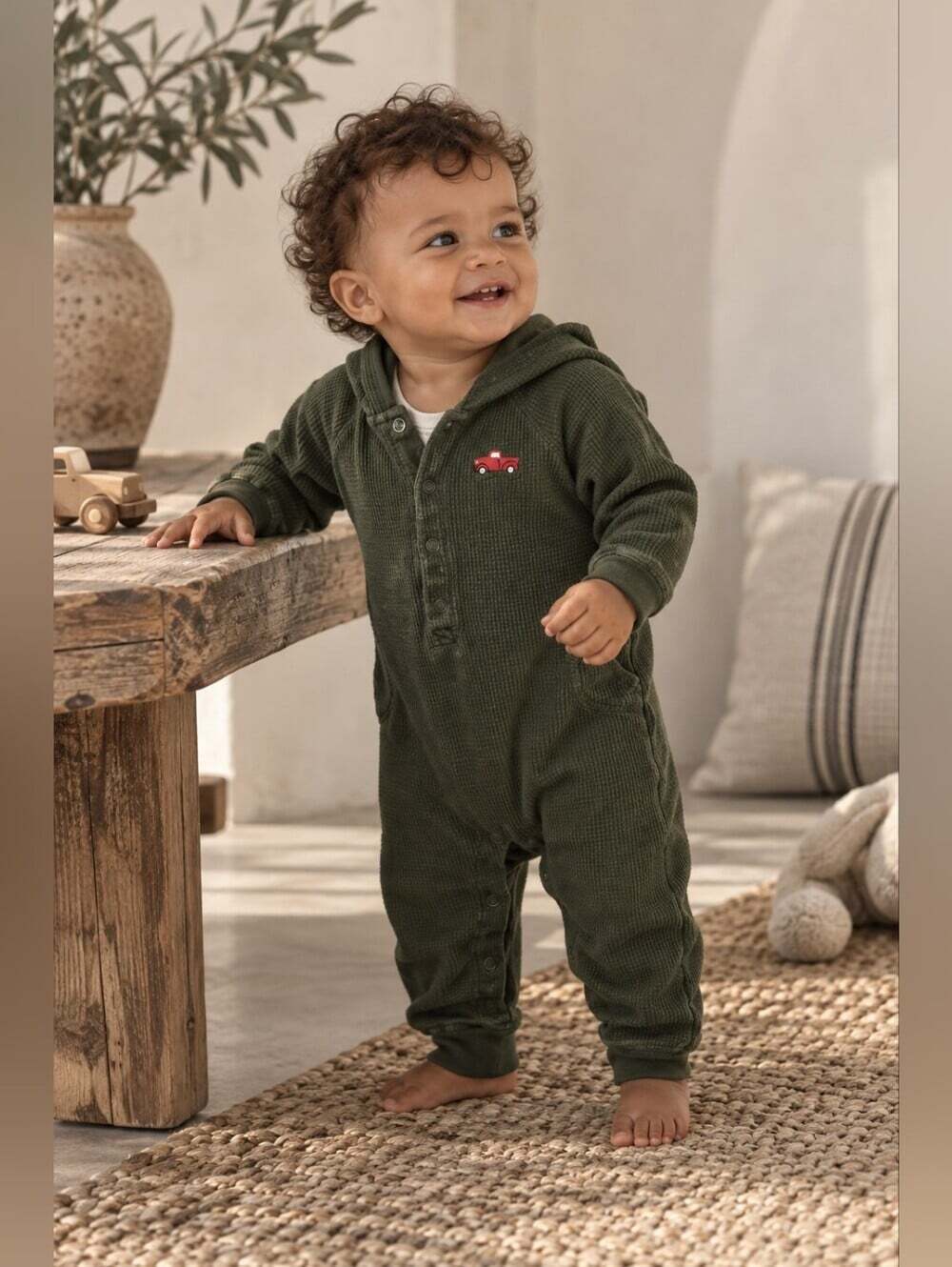 Gymboree Baby Hooded Coverall 6-12M Olive Green Waffle Knit Truck 2008